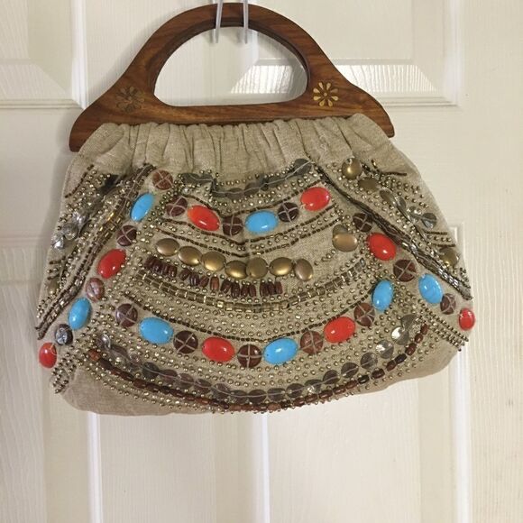 Aldo khaki canvas beads wooden handle satchel bag - Picture 2 of 11